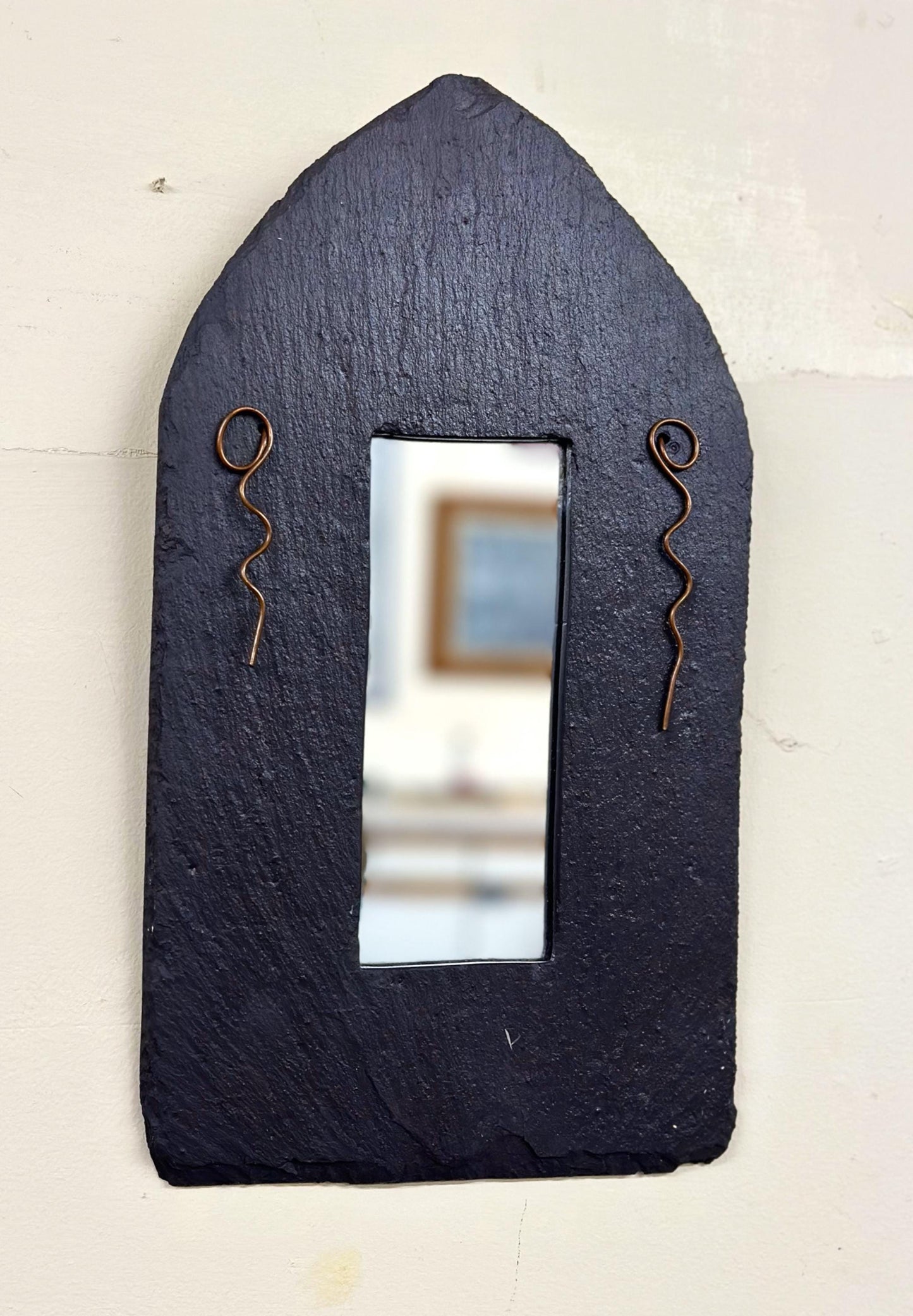 Natural Welsh Slate Wall Mirror with Rustic Edge & Copper Design - Handmade Recycled home Decor for Eco-Friendly Homes.