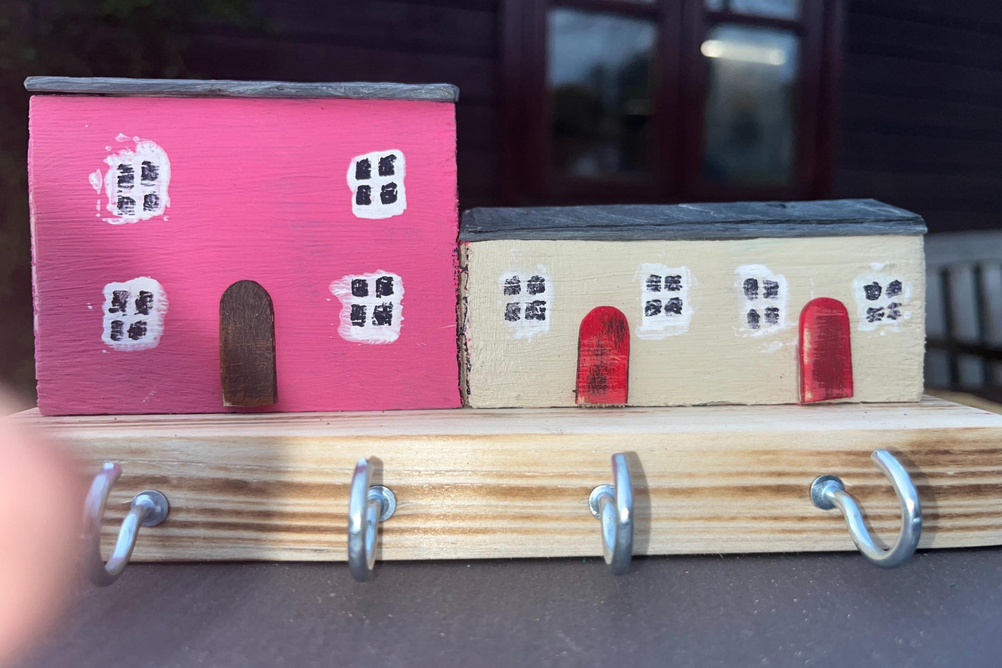 Hand Made Wooden Key Holder Hooks - Welsh Farmhouse Scene | Recycled Materials Home Decor Organizer & Wall Art