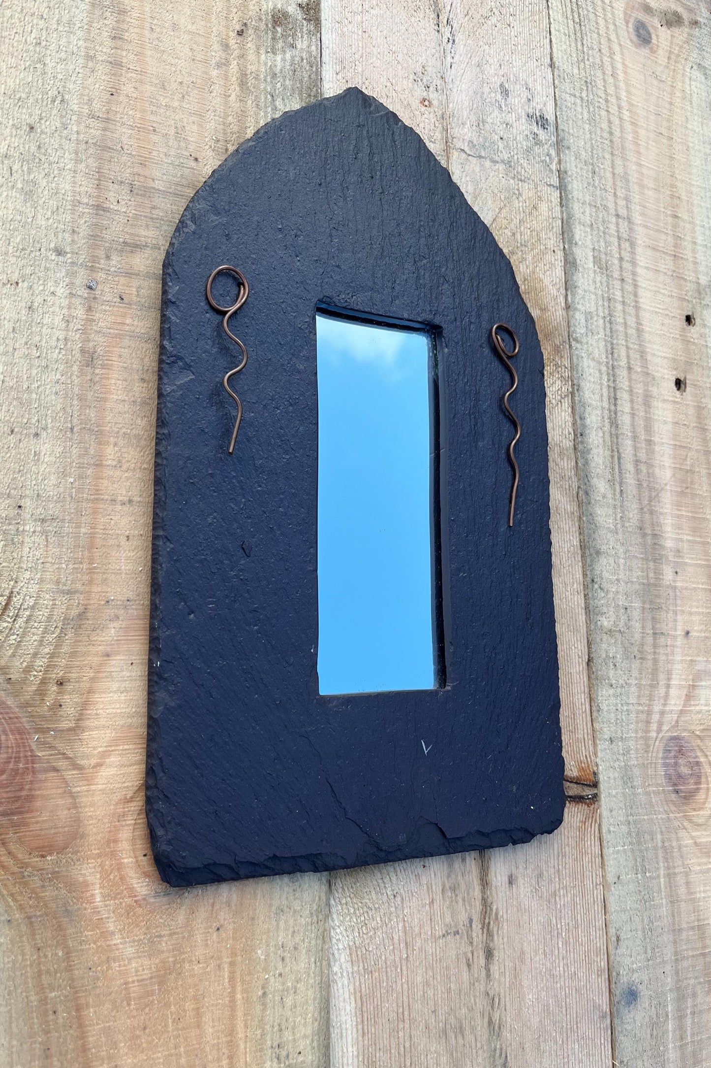 Natural Welsh Slate Wall Mirror with Rustic Edge & Copper Design - Handmade Recycled home Decor for Eco-Friendly Homes.