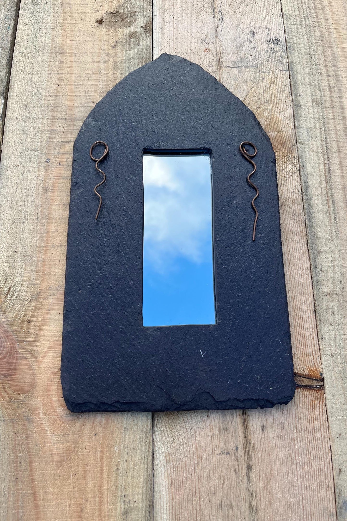 Natural Welsh Slate Wall Mirror with Rustic Edge & Copper Design - Handmade Recycled home Decor for Eco-Friendly Homes.