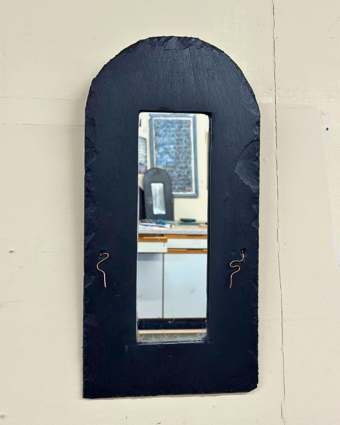 Natural Welsh Slate Mirror | Handmade Traditional Recycled Material Decor | Eco-Friendly Wall Art | Rustic Edge Copper Design