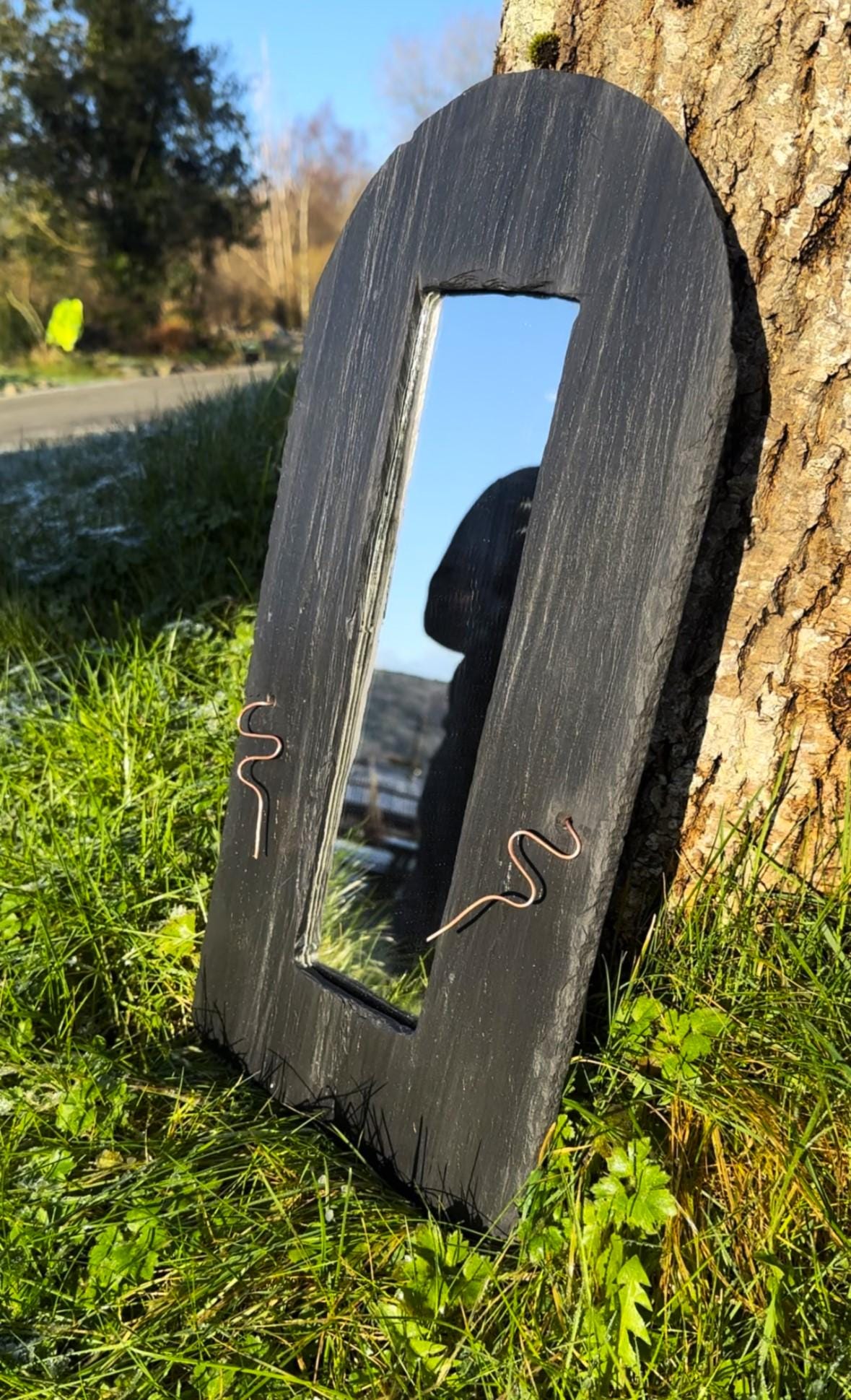 Natural Welsh Slate Mirror | Handmade Traditional Recycled Material Decor | Eco-Friendly Wall Art | Rustic Edge Copper Design