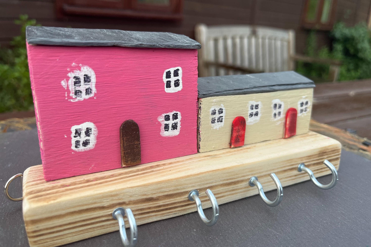 Hand Made Wooden Key Holder Hooks - Welsh Farmhouse Scene | Recycled Materials Home Decor Organizer & Wall Art