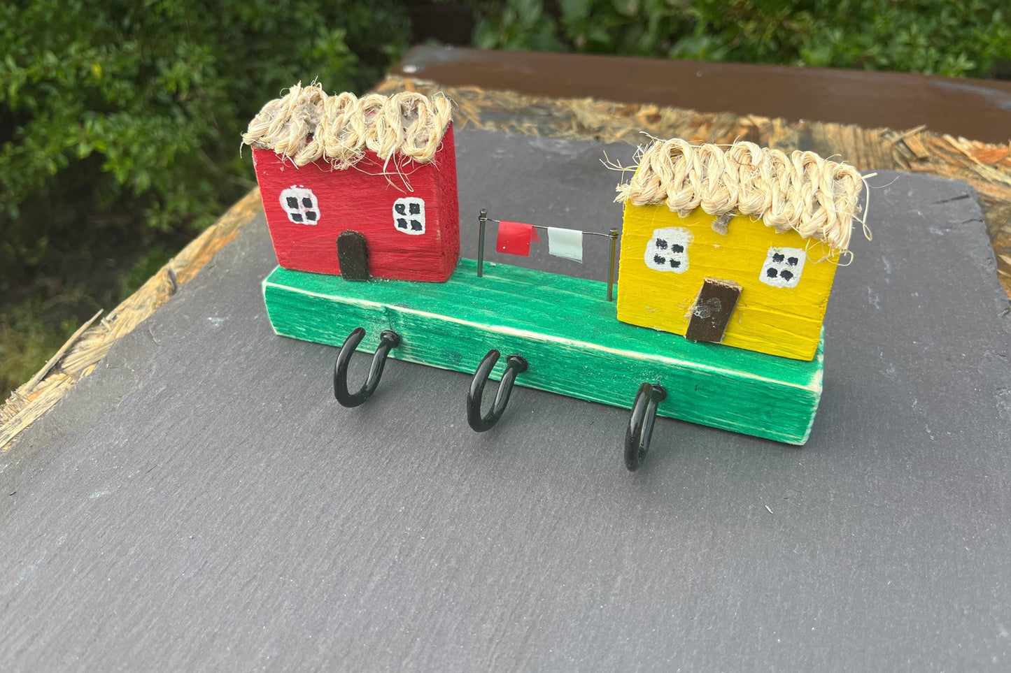 Hand Made Wooden Key Holder Hooks - Welsh Farmhouse Scene | Recycled Materials Home Decor Organizer & Wall Art