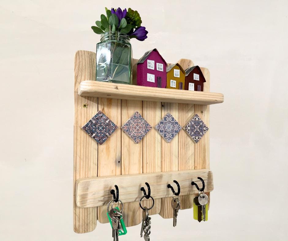 Key Holder & Shelf | Recycled Wood and Amaranta Tile Accents | Unique Home Decor, Organizer Gift, Rustic Minimalist Design