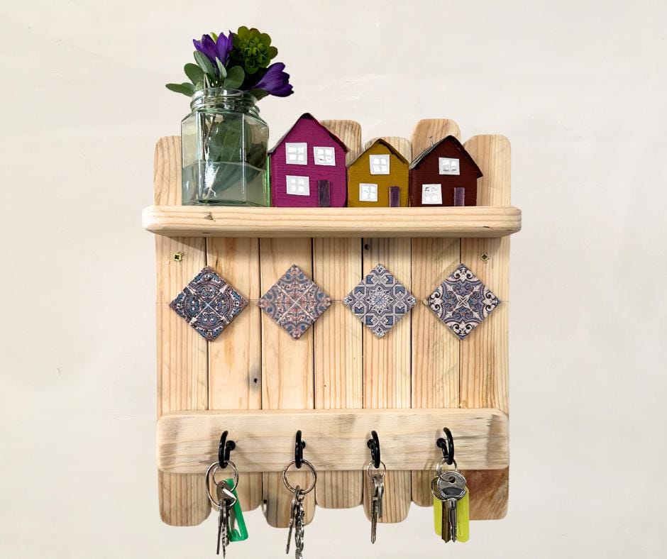 Key Holder & Shelf | Recycled Wood and Amaranta Tile Accents | Unique Home Decor, Organizer Gift, Rustic Minimalist Design