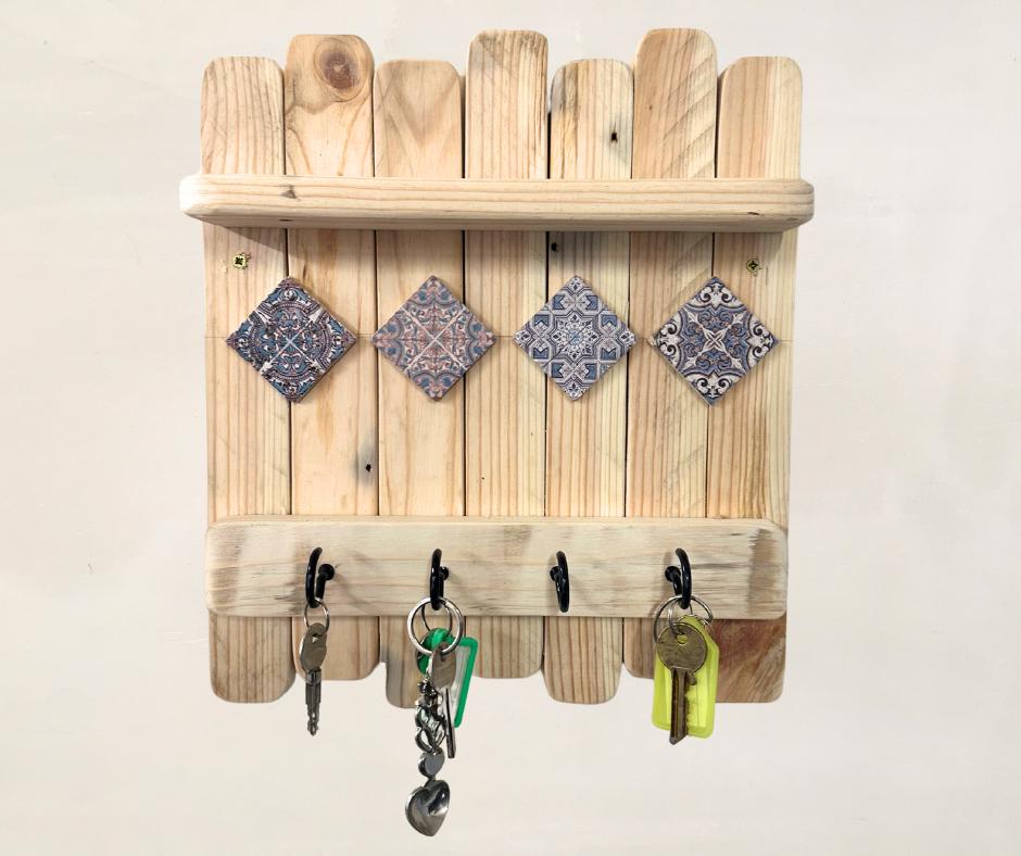 Key Holder & Shelf | Recycled Wood and Amaranta Tile Accents | Unique Home Decor, Organizer Gift, Rustic Minimalist Design