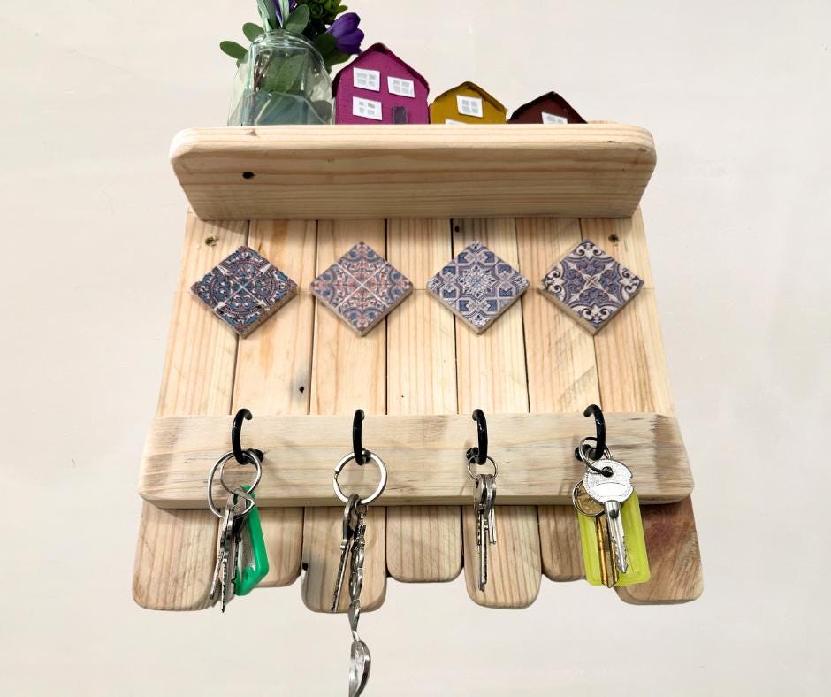 Key Holder & Shelf | Recycled Wood and Amaranta Tile Accents | Unique Home Decor, Organizer Gift, Rustic Minimalist Design