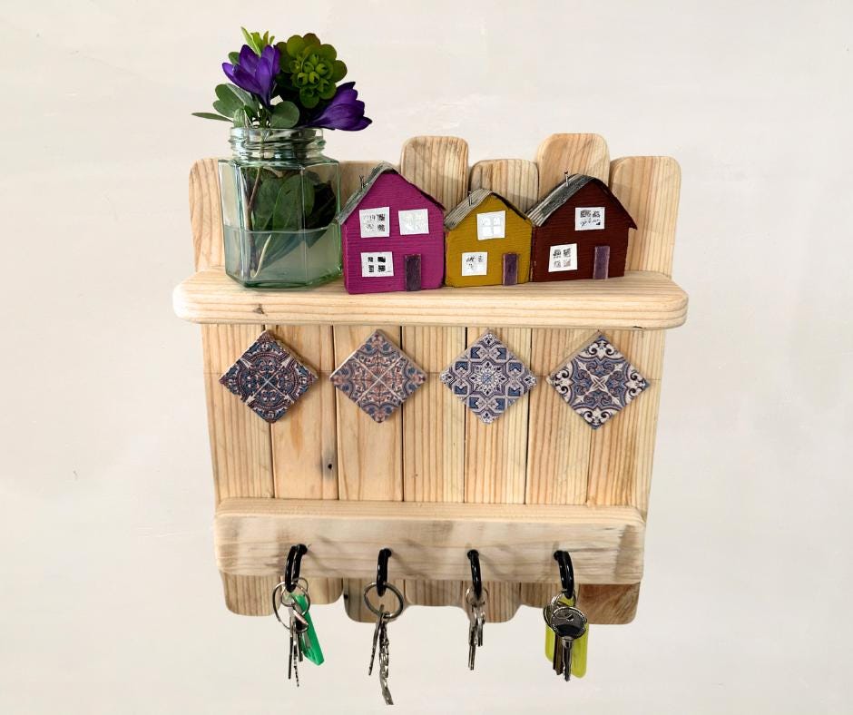 Key Holder & Shelf | Recycled Wood and Amaranta Tile Accents | Unique Home Decor, Organizer Gift, Rustic Minimalist Design