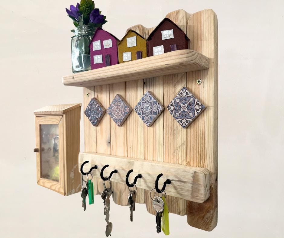 Key Holder & Shelf | Recycled Wood and Amaranta Tile Accents | Unique Home Decor, Organizer Gift, Rustic Minimalist Design