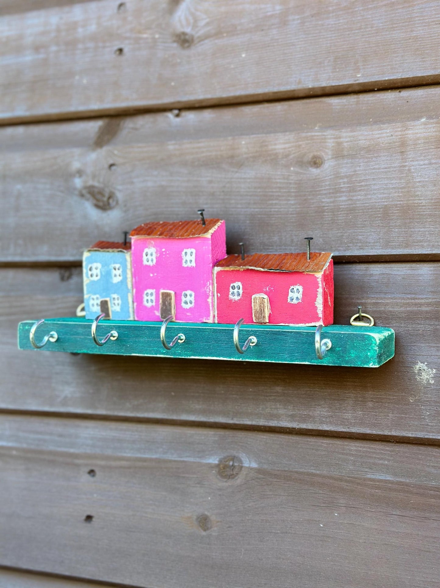 Hand Made Wooden Key Holder Hooks - Welsh Farmhouse Scene | Recycled Materials Home Decor Organizer & Wall Art