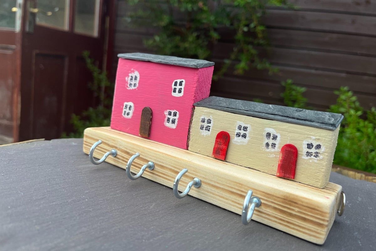 Perllan Hand Made Wooden Key Holder Hooks - Welsh Farmhouse Scene | Recycled M ...