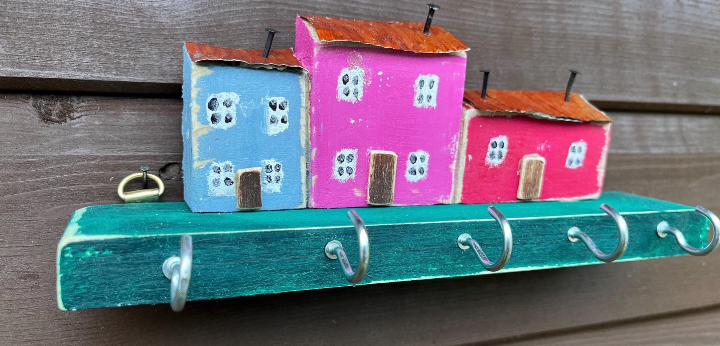 Hand Made Wooden Key Holder Hooks - Welsh Farmhouse Scene | Recycled Materials Home Decor Organizer & Wall Art