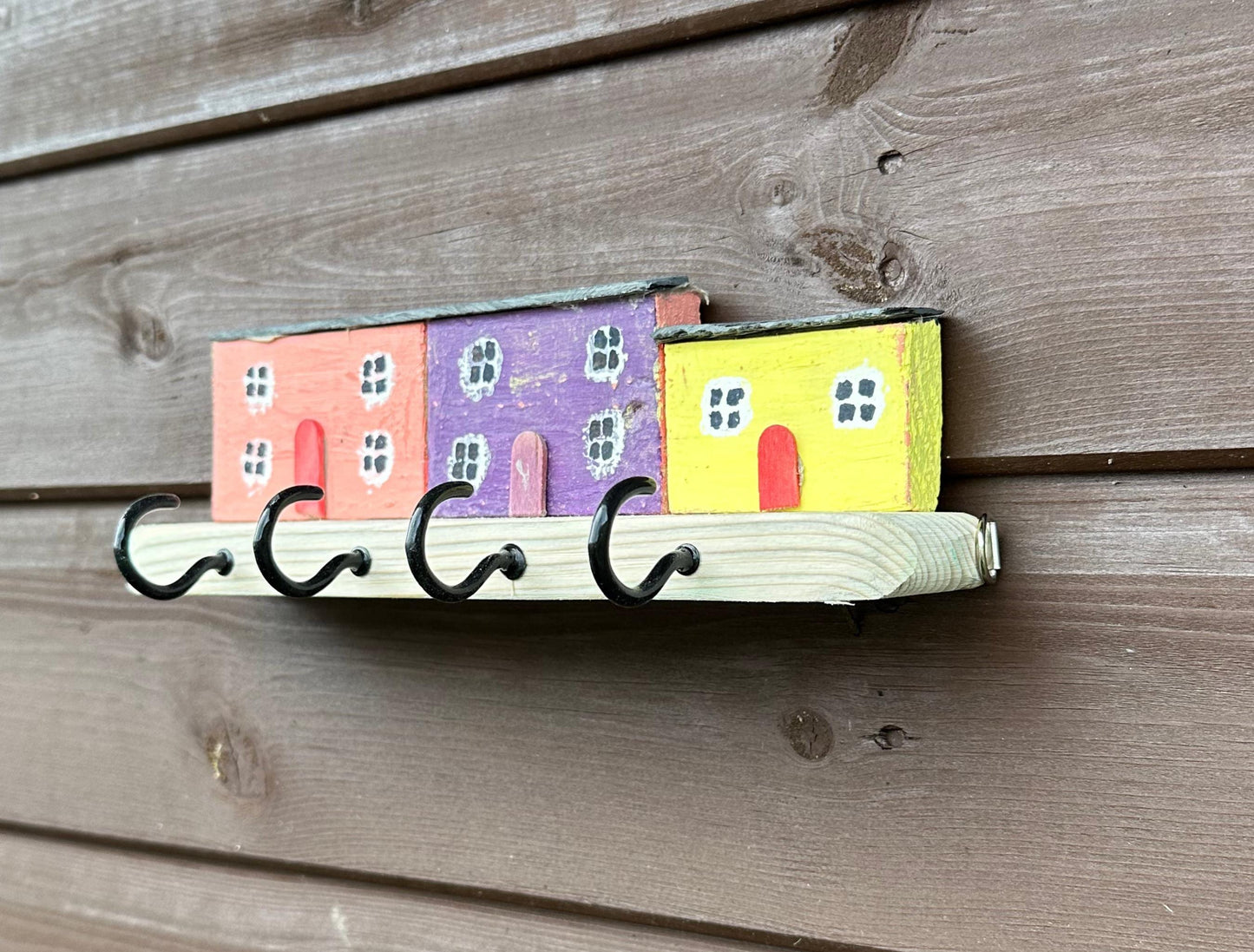 Hand Made Wooden Key Holder Hooks - Welsh Farmhouse Scene | Recycled Materials Home Decor Organizer & Wall Art