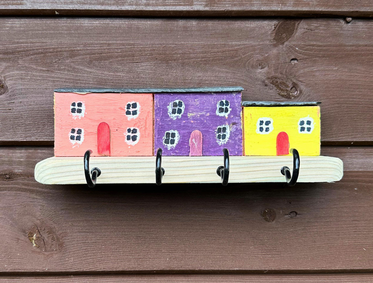 Hand Made Wooden Key Holder Hooks - Welsh Farmhouse Scene | Recycled Materials Home Decor Organizer & Wall Art