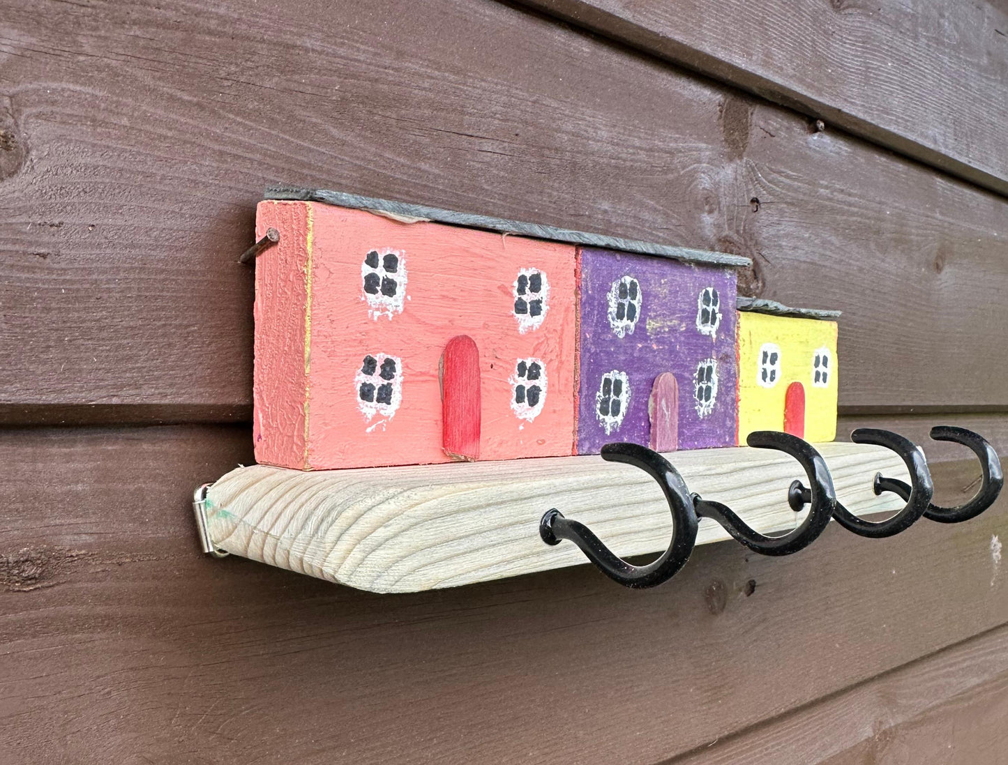 Hand Made Wooden Key Holder Hooks - Welsh Farmhouse Scene | Recycled Materials Home Decor Organizer & Wall Art